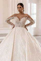 Glamorous Long Sleeve Bateau A-Line Satin Bridal Gown with Crystal and Pearl  