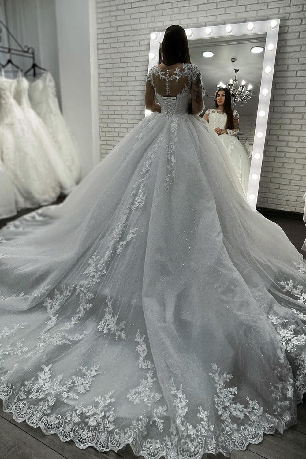 Sheer Tulle Ball Gown Wedding Dress with Long Sleeves Appliques