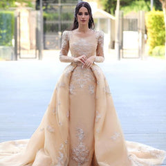 Elegant Long Sleeve Bateau Detachable Tulle Wedding Dress with Cathedral Train
