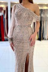 Elegant Long Sleeves Mermaid Prom Dress with Split and Beaded Embellishments
