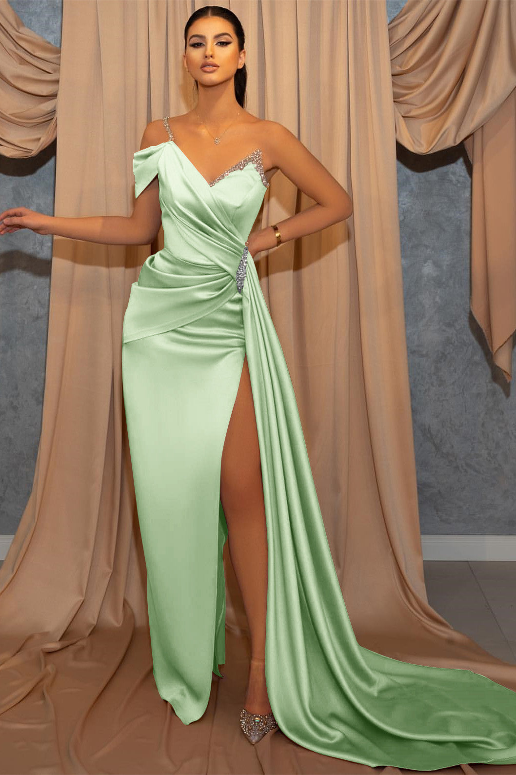 Elegant One-Shoulder Beaded Mermaid Prom Dress with Ruffle and Slit