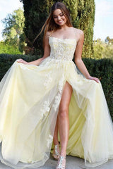 Daffodil Spaghetti Strap Lace Appliqué Mermaid Prom Dress with Split