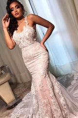 Elegant Mermaid Spaghetti Strap Lace Wedding Dress Open Back Formal Gown