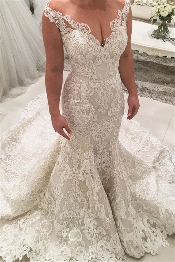 Deep V-Neck Mermaid Prom Dress with Lace Appliques Spaghetti Straps