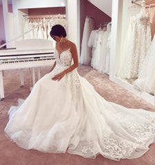 Glamorous A-Line V-Neck Wedding Dress with Lace Appliques and Tulle