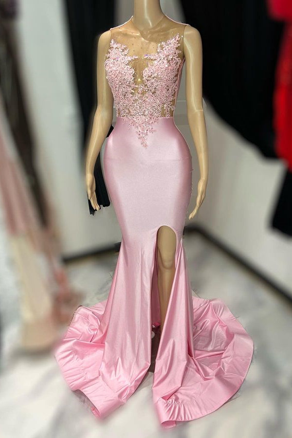 Pink Tulle Mermaid Prom Dress with Appliques and Slit Evening Gown
