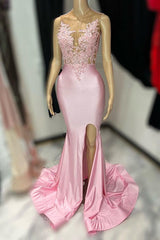 Pink Tulle Mermaid Prom Dress with Appliques and Slit Evening Gown