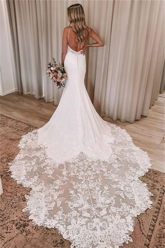Elegant V-Neck Spaghetti Strap Backless Mermaid Wedding Dress with Lace Appliques