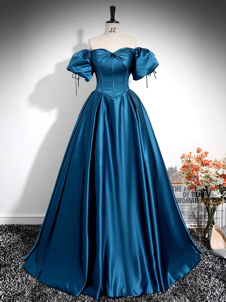 Royal Blue A-Line Pleated Off-Shoulder Prom Dress, Elegant Floor-Length Charmeuse Gown
