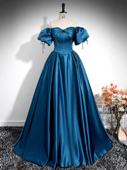 Royal Blue A-Line Pleated Off-Shoulder Prom Dress, Elegant Floor-Length Charmeuse Gown