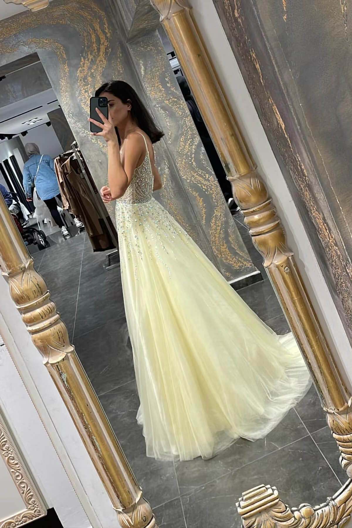 Daffodil Spaghetti Strap Beaded Tulle A-Line Prom Dress Evening Gown