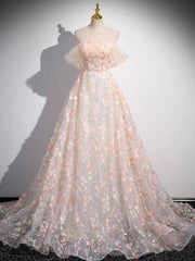 Champagne Formal Tulle Lace Off Shoulder Long Prom Dress