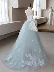 Enchanting A-Line Blue Tulle Gown with Lace Applique for Prom and Formal Events