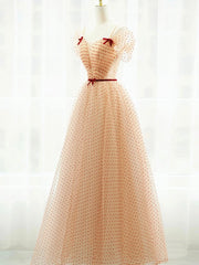 Elegant A-Line Champagne Tulle Long Prom Dress for Formal Occasions