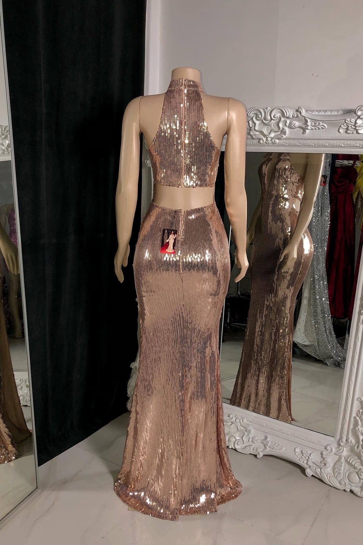 Elegant Rose Sequin Halter Neck Long Slit Prom Dress