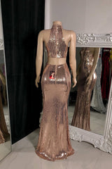 Elegant Rose Sequin Halter Neck Long Slit Prom Dress