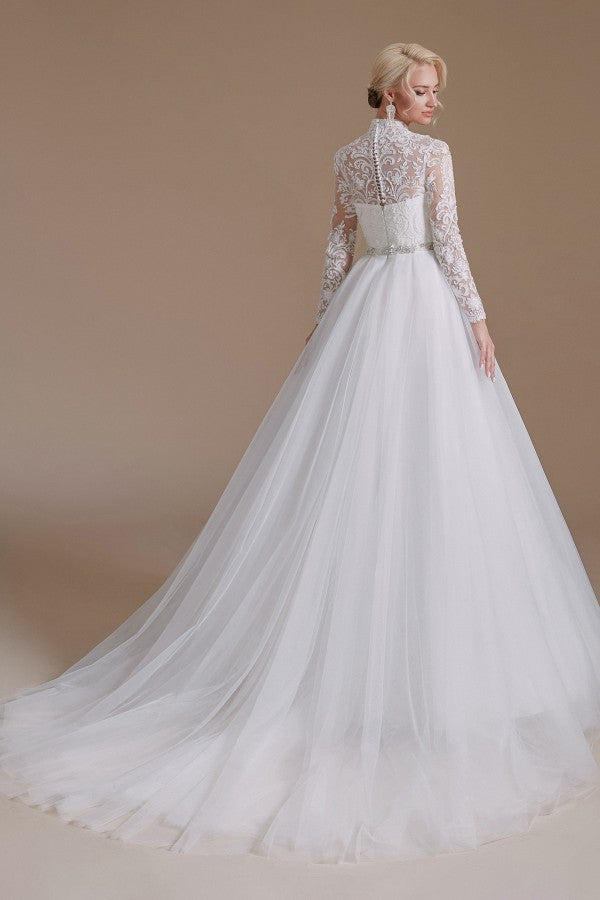 Elegant A-Line High Neck Long Sleeve Wedding Dress with Tulle Lace Design