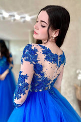 Amazing Royal Blue Long Sleeve Tulle Prom Dress Evening Gown