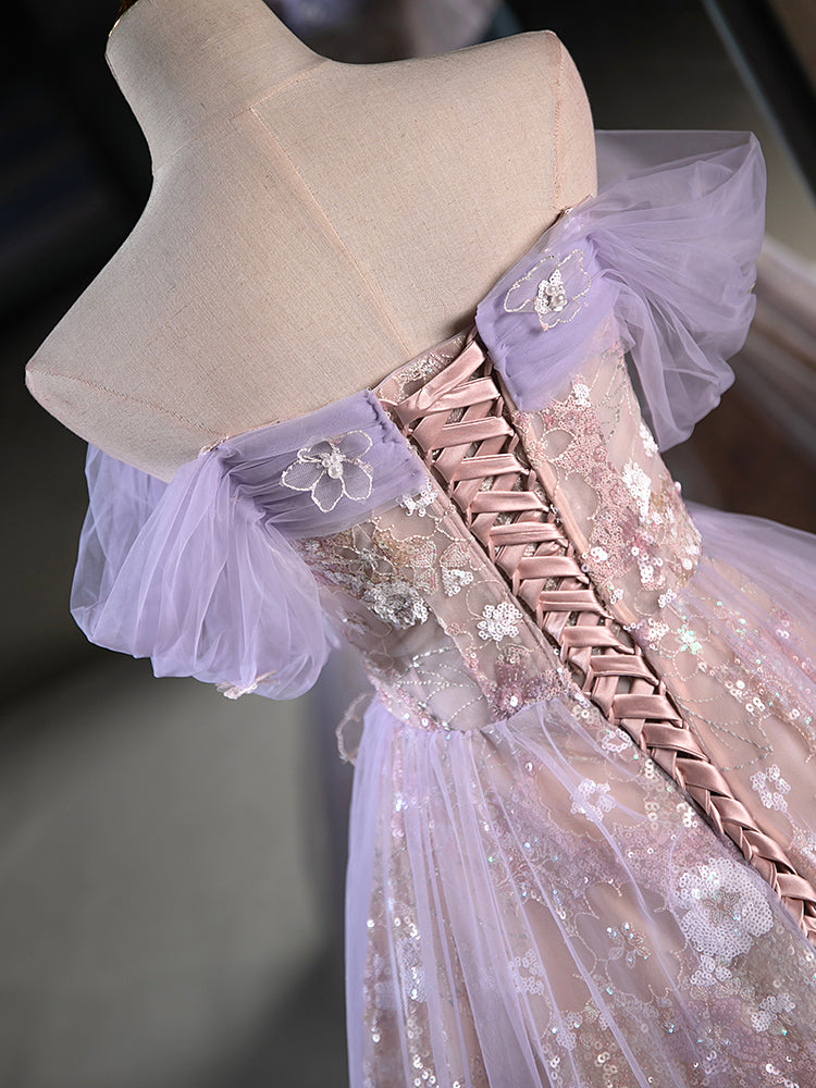 Purple Tulle Lace Off Shoulder Short Prom Dress Homecoming Gown