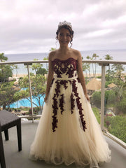 Elegant Sweetheart Tulle Long Prom Dress Burgundy Evening Gown
