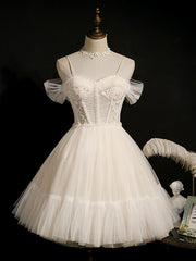 Light Champagne Tulle Short Prom Dress, Puffy Tulle Lace Homecoming Gown