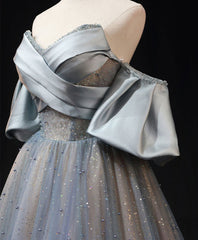 Blue A Line Tulle Long Prom Evening Dress Beading