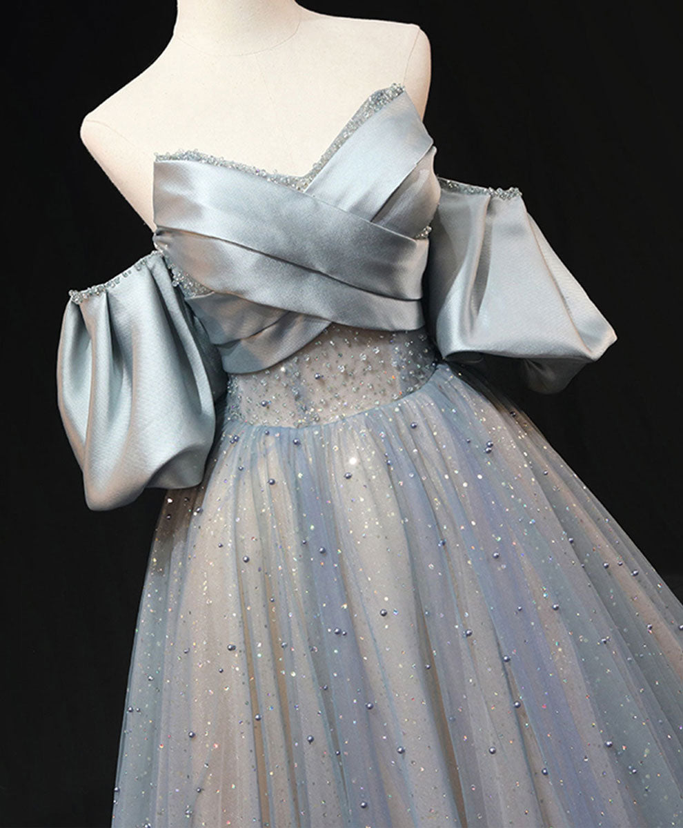 Blue A Line Tulle Long Prom Evening Dress Beading