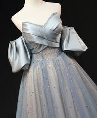 Blue A Line Tulle Long Prom Evening Dress Beading