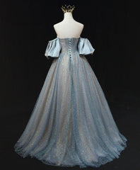 Blue A Line Tulle Long Prom Evening Dress Beading