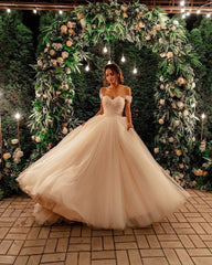 Elegant Off-Shoulder Tulle A-Line Wedding Dress with Chapel Train