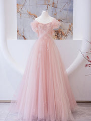 Elegant Pink A-Line Tulle Lace Long Prom Dress for Graduation