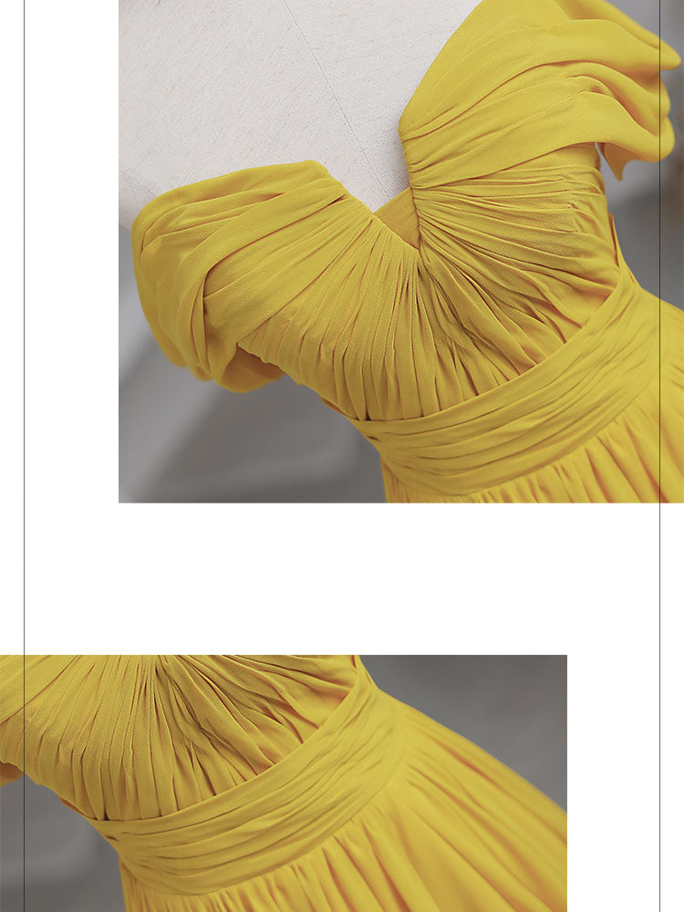 Elegant Yellow Off-Shoulder Chiffon Floor-Length A-Line Prom Dress with Lace-Up Back