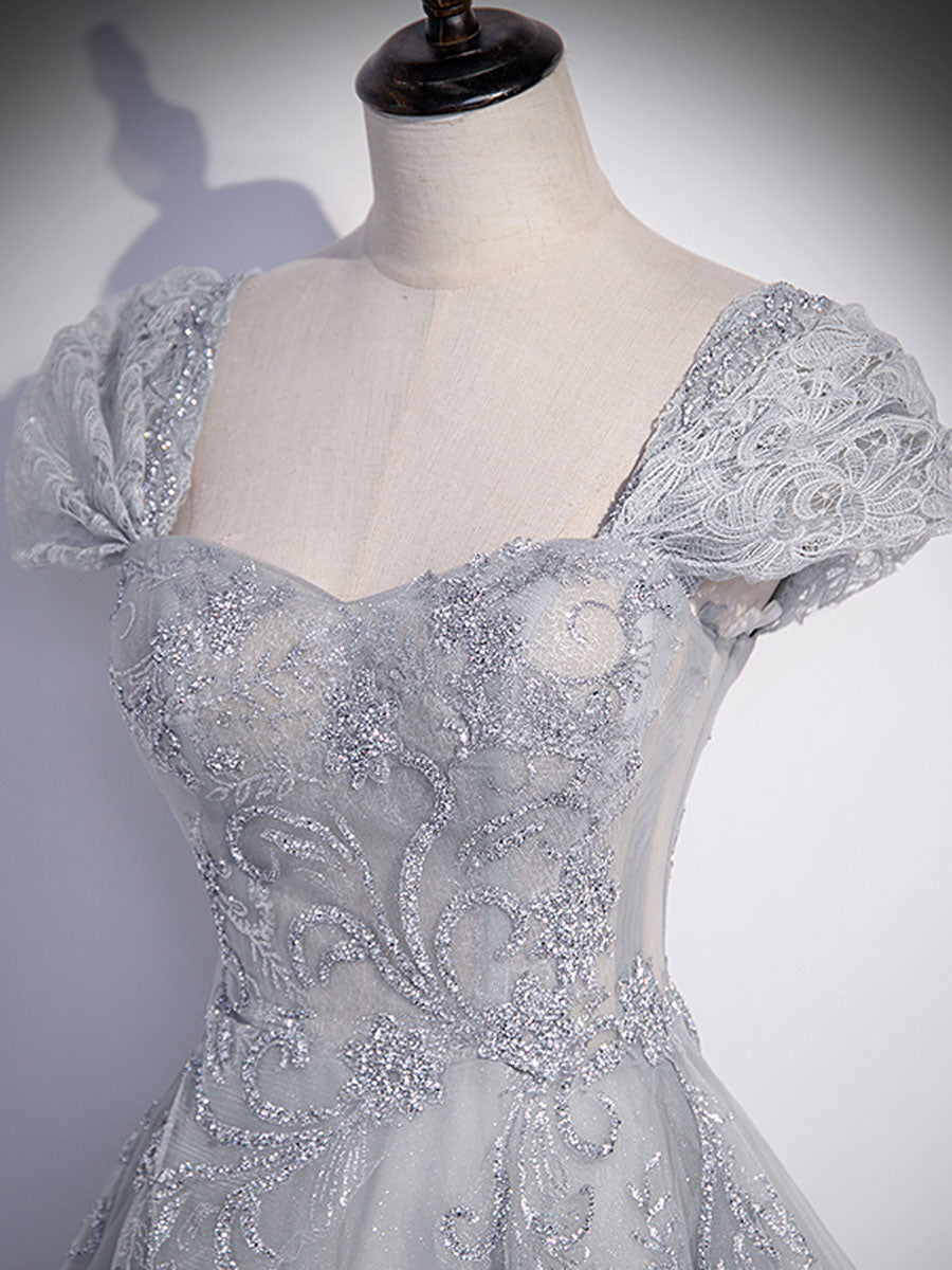 Gray Sweetheart Neck Tulle Lace Long Prom Evening Dress