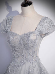 Gray Sweetheart Neck Tulle Lace Long Prom Evening Dress