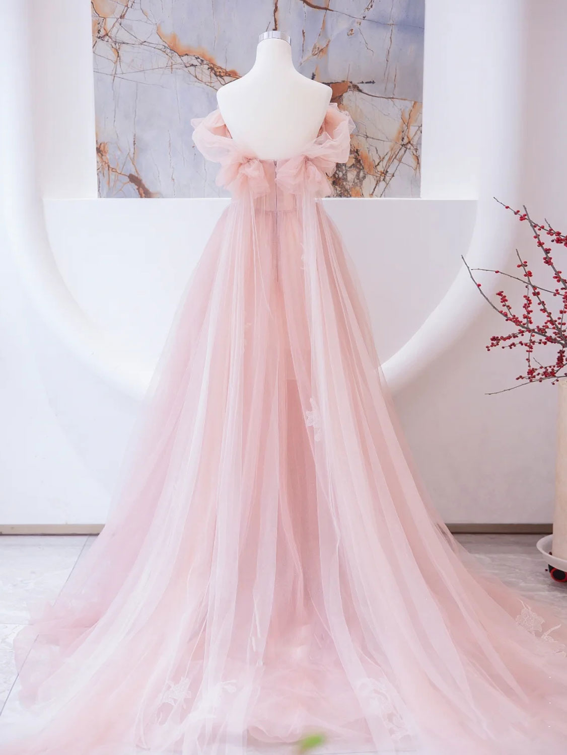 Elegant Pink A-Line Tulle Lace Long Prom Dress for Graduation