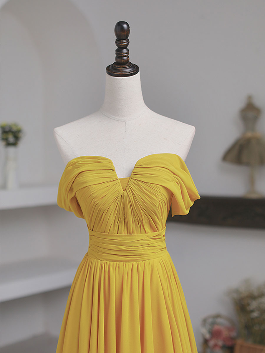 Elegant Yellow Off-Shoulder Chiffon Floor-Length A-Line Prom Dress with Lace-Up Back