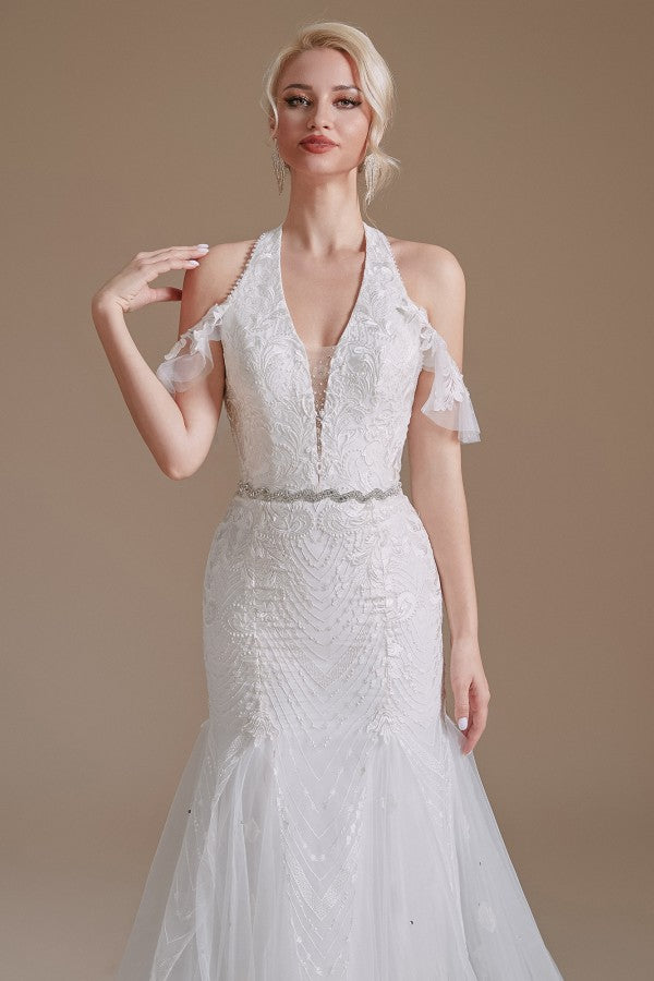 Elegant Mermaid Halter Tulle Wedding Gown with Lace Appliques and Floor-Length Design