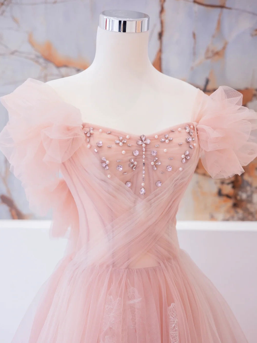Elegant Pink A-Line Tulle Lace Long Prom Dress for Graduation