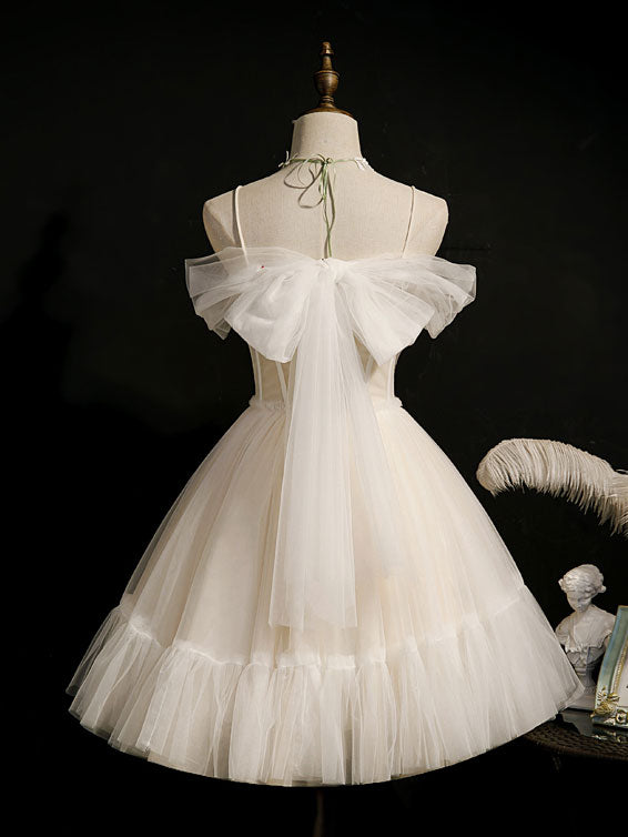 Light Champagne Tulle Short Prom Dress, Puffy Tulle Lace Homecoming Gown