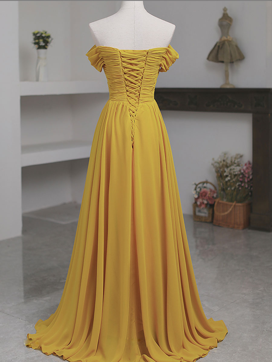 Elegant Yellow Off-Shoulder Chiffon Floor-Length A-Line Prom Dress with Lace-Up Back