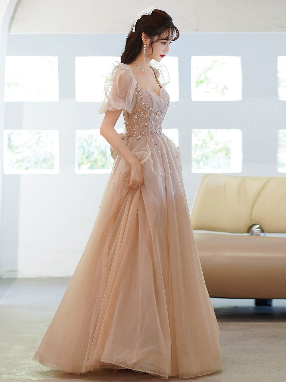 Champagne Tulle Beads Long Prom Evening Dress For Women