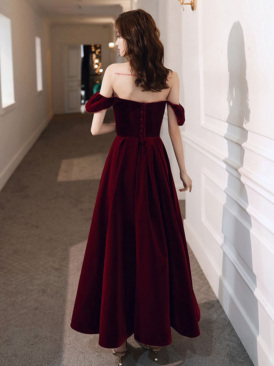 Elegant Burgundy Velvet Tea-Length A-Line Evening Prom Dress
