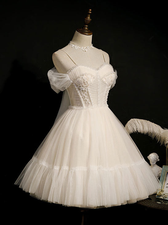Light Champagne Tulle Short Prom Dress, Puffy Tulle Lace Homecoming Gown