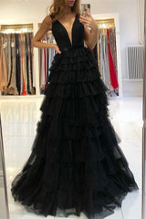 Elegant Sleeveless Layered V-Neck Evening Gown with Tiered Flowy Skirt