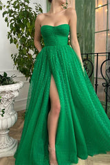 Glamorous Green Tulle Prom Dress with Sweetheart Neckline and High Slit