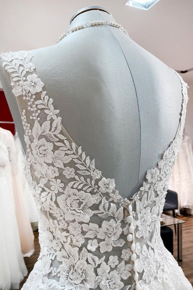 Eye-Catching White Ruffles Tulle Lace Long A-Line Wedding Dress for Bride