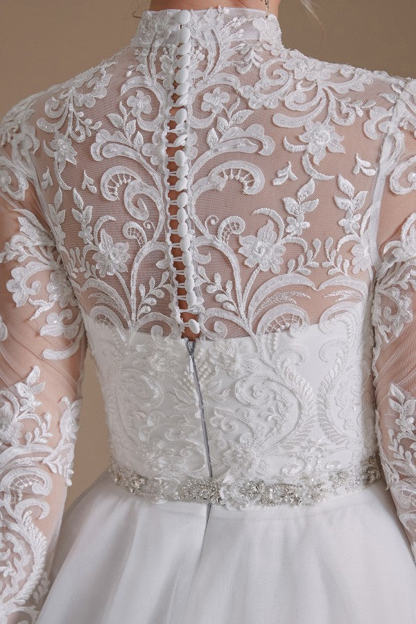 Elegant A-Line High Neck Long Sleeve Wedding Dress with Tulle Lace Design