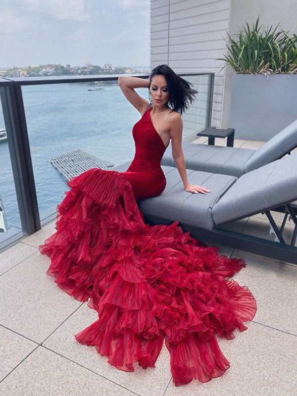 Burgundy One Shoulder Mermaid Prom Dress Elegant Tulle Appliqué Evening Gown