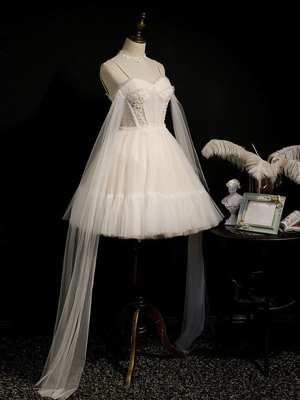 Light Champagne Tulle Short Prom Dress, Puffy Tulle Lace Homecoming Gown