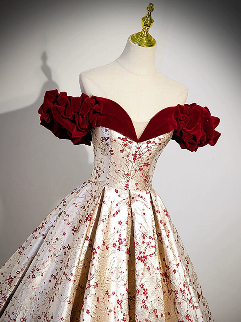 A-Line Off Shoulder Satin Velvet Long Prom Dress Champagne